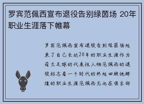 罗宾范佩西宣布退役告别绿茵场 20年职业生涯落下帷幕