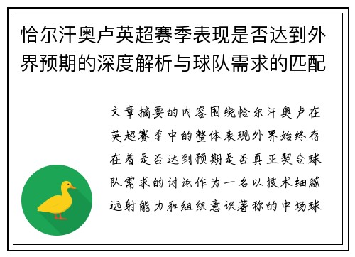 恰尔汗奥卢英超赛季表现是否达到外界预期的深度解析与球队需求的匹配度评估